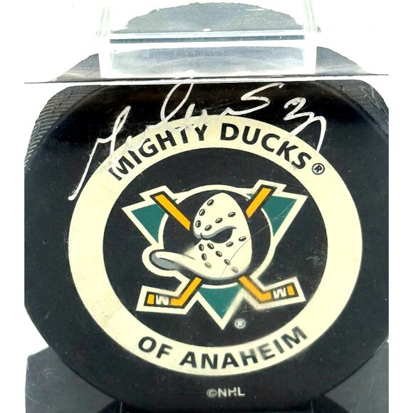 Signed Vitaly Vishnevski Anaheim Mighty Ducks Official Hockey Puck in Silver Ink - Picture 2 of 6